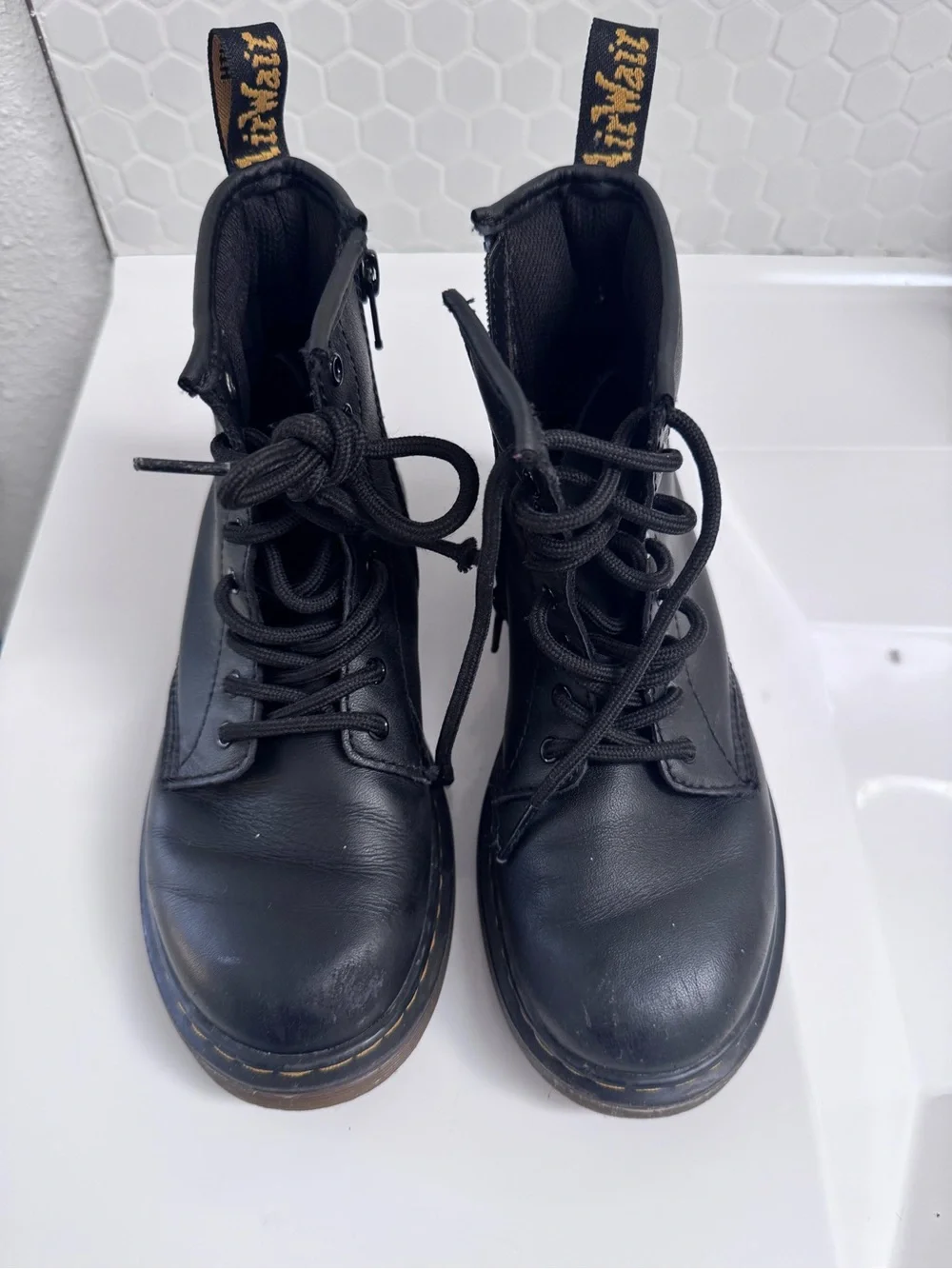Dr. Martens Delaney Black Leather Lace-Up Boots in Size 2 youth Back to Class